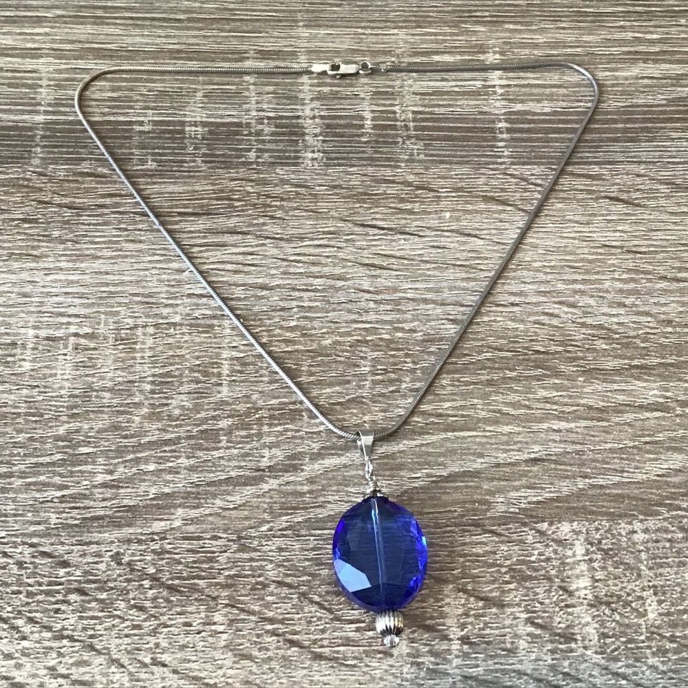 Sterling Silver Sapphire Blue Glass Pendant Snake Chain Necklace 16" Long
